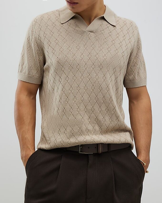 Beige Slim Fit Open Collar Shirt
