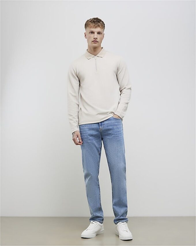 Beige Slim Fit Textured Polo Shirt