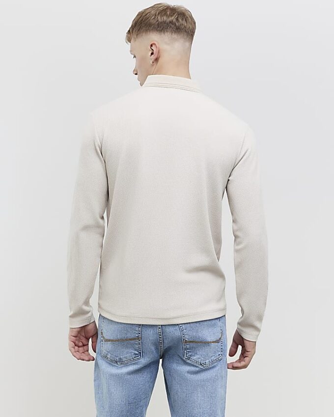 Beige Slim Fit Textured Polo Shirt