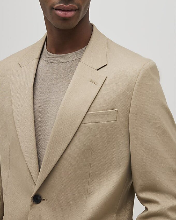 Beige Slim Fit Textured Suit Jacket