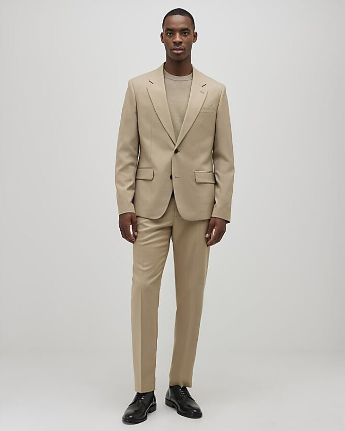 Beige Slim Fit Textured Suit Jacket