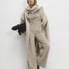 Beige Stretchy Striped Wide Leg Trousers