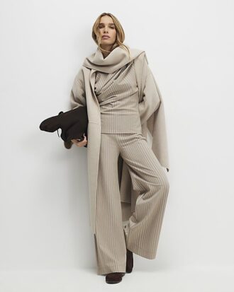 Beige Stretchy Striped Wide Leg Trousers