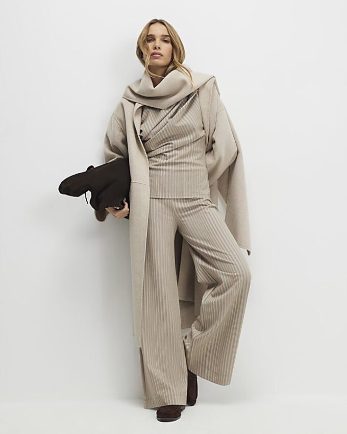 Beige Stretchy Striped Wide Leg Trousers