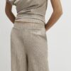 Beige Stretchy Striped Wide Leg Trousers