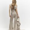 Beige Stretchy Striped Wide Leg Trousers