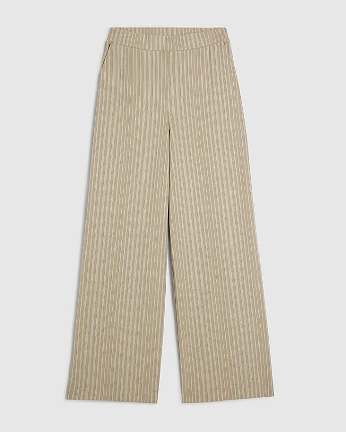 Beige Stretchy Striped Wide Leg Trousers