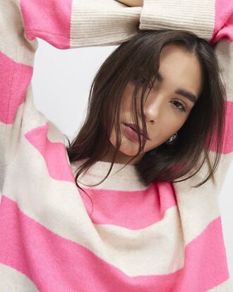 Beige Striped Crew Neck Jumper