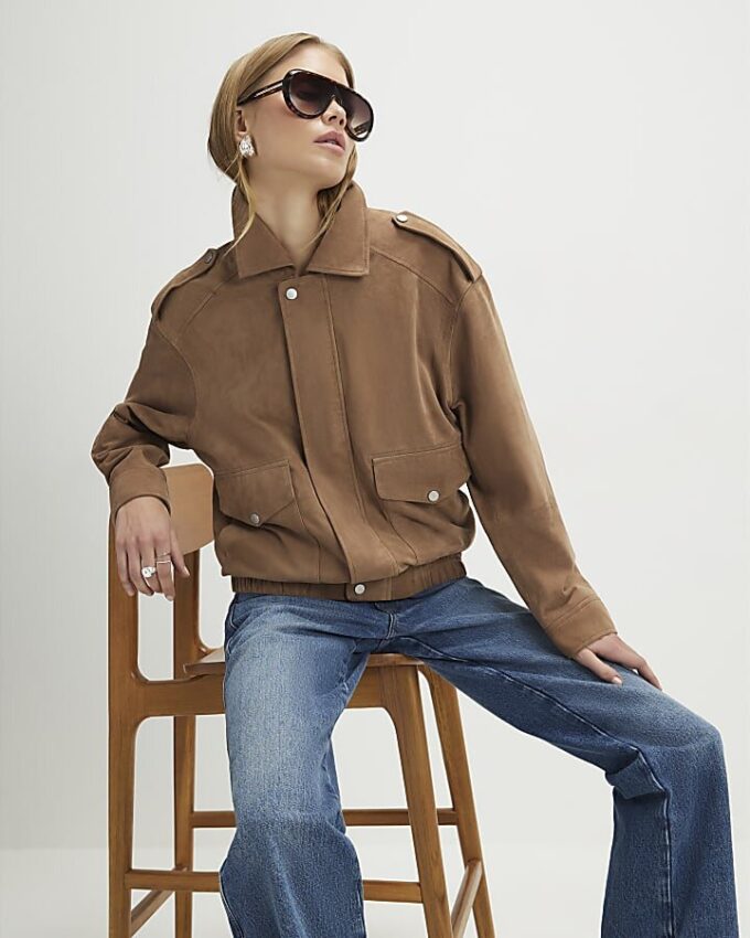 Beige Suede Oversized Bomber Jacket