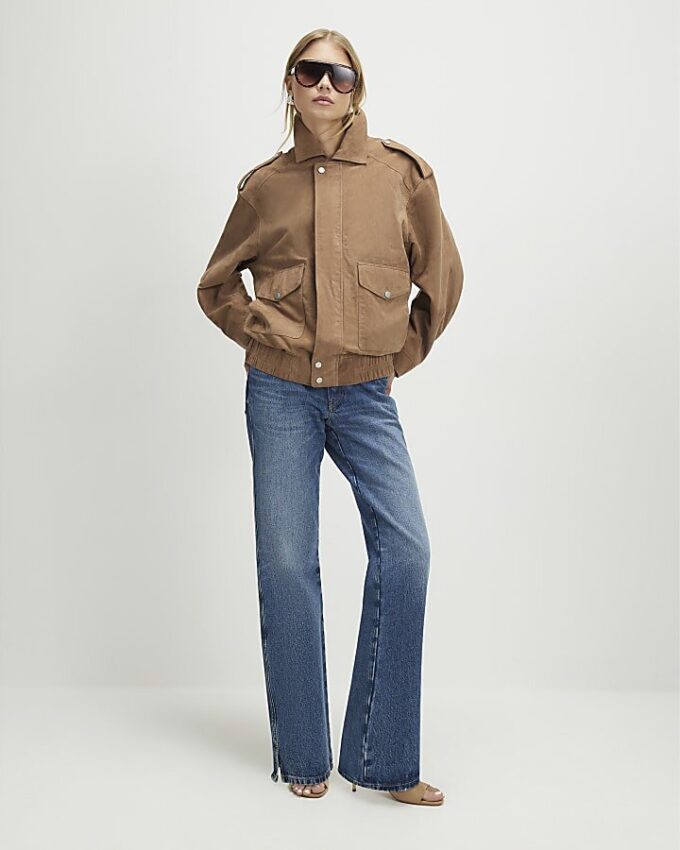 Beige Suede Oversized Bomber Jacket