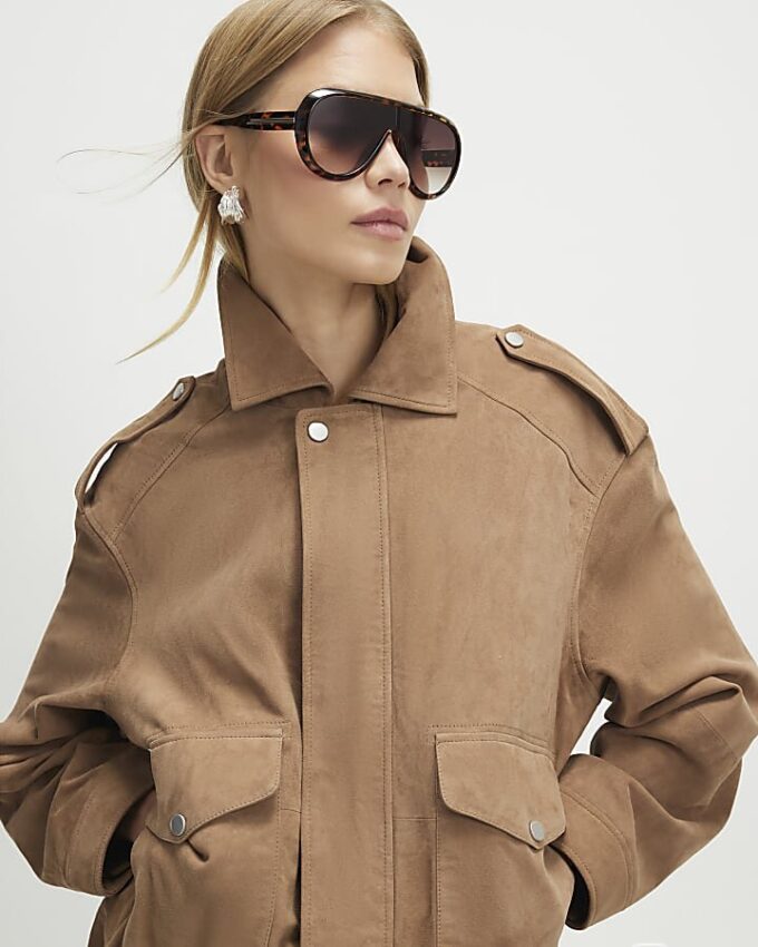 Beige Suede Oversized Bomber Jacket