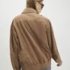Beige Suede Oversized Bomber Jacket