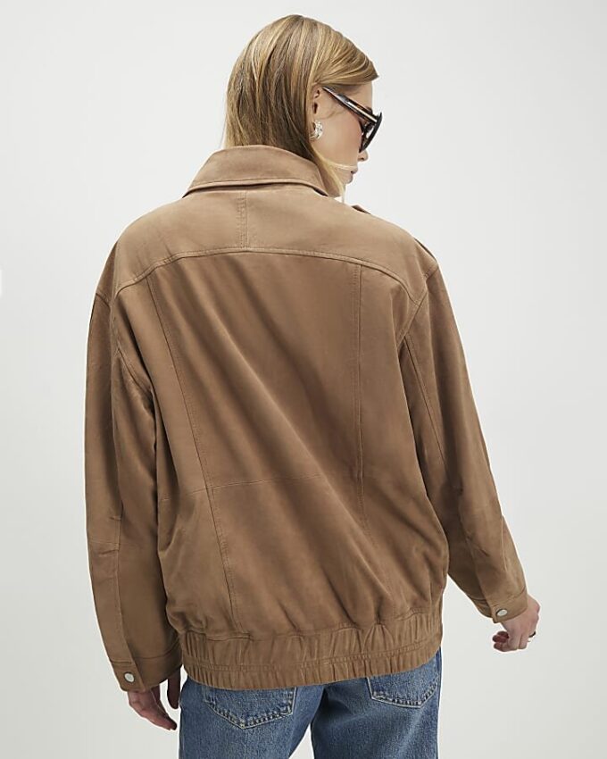 Beige Suede Oversized Bomber Jacket