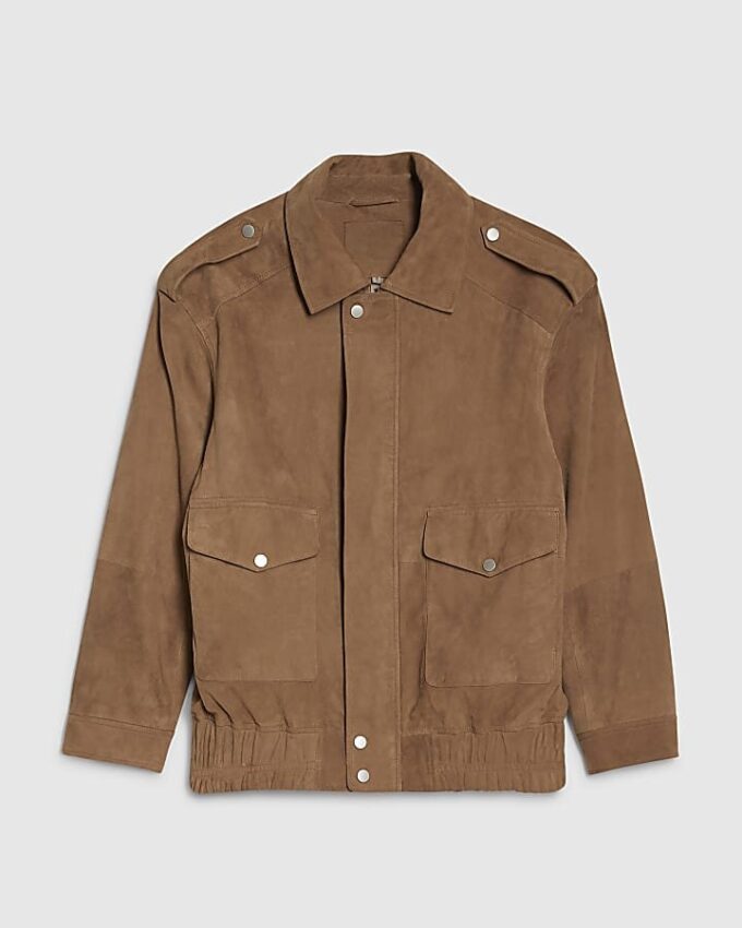Beige Suede Oversized Bomber Jacket