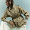 Beige Utility Cinched Waist Jacket
