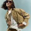 Beige Vinyl Funnel Neck Bomber Jacket