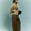 Beige Vinyl Funnel Neck Bomber Jacket