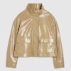 Beige Vinyl Funnel Neck Bomber Jacket