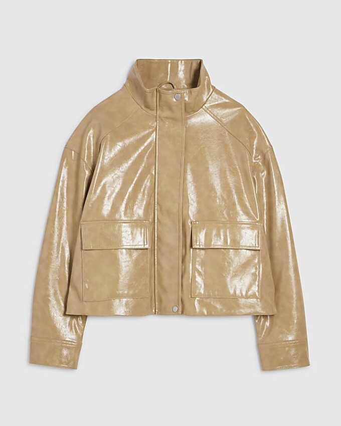 Beige Vinyl Funnel Neck Bomber Jacket