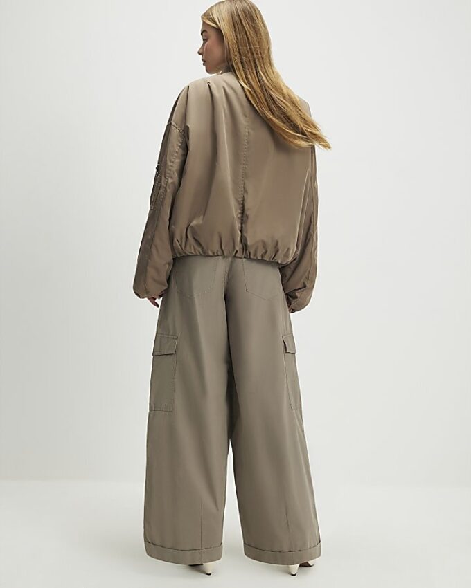Beige Wide Leg Cargo Trousers