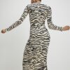 Beige Zebra Print Ribbed Midi Dress