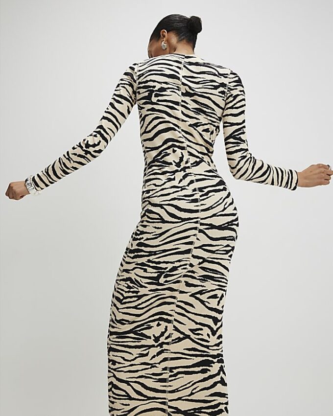 Beige Zebra Print Ribbed Midi Dress