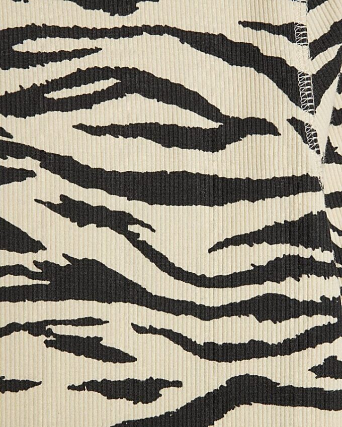Beige Zebra Print Ribbed Midi Dress