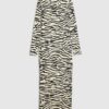 Beige Zebra Print Ribbed Midi Dress