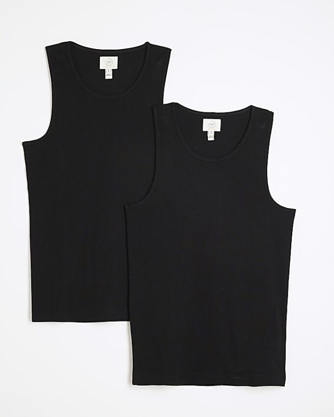 Black 2 pack Muscle Fit Ribbed Vest