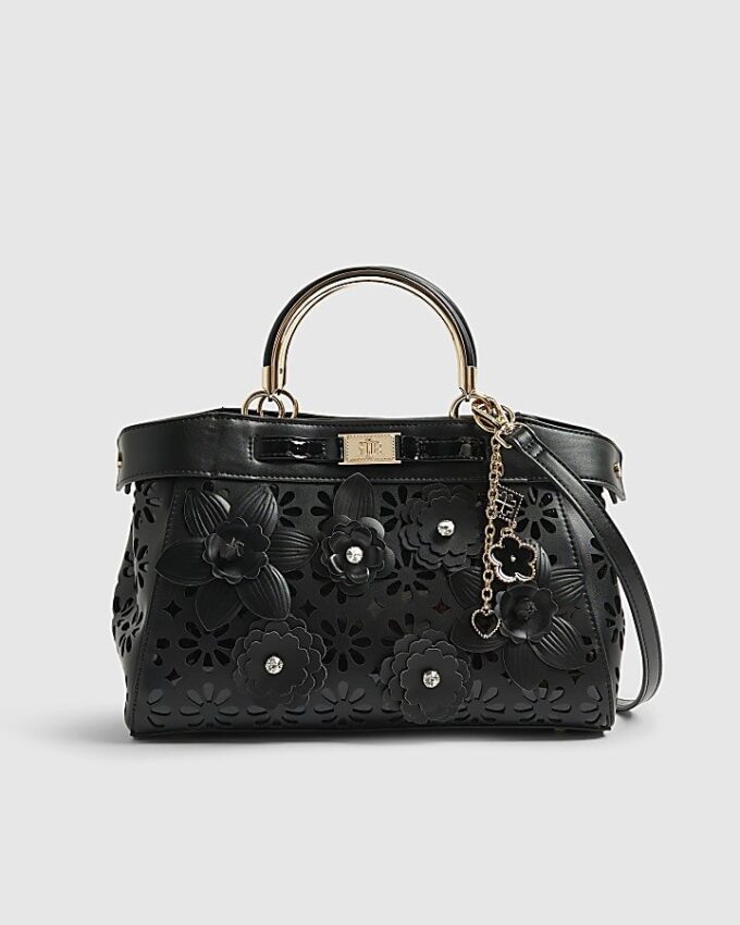 Black 3D Floral Laser Cut Tote Bag
