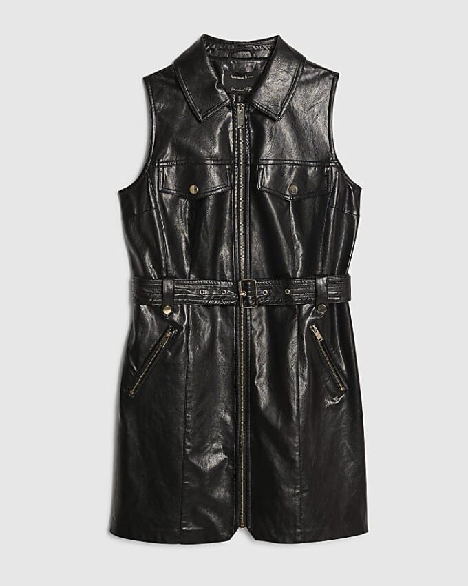 Black Belted Faux Leather Shift Dress