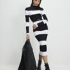 Black Belted Stripe Knit Midi Dress