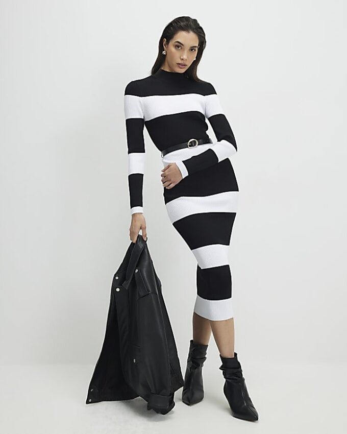 Black Belted Stripe Knit Midi Dress