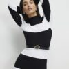 Black Belted Stripe Knit Midi Dress