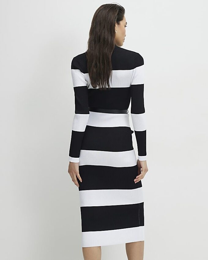 Black Belted Stripe Knit Midi Dress
