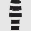 Black Belted Stripe Knit Midi Dress