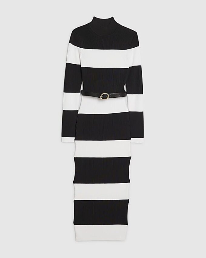 Black Belted Stripe Knit Midi Dress