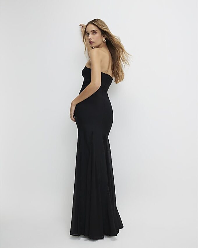 Black Bodycon Godet Skirt Maxi Dress