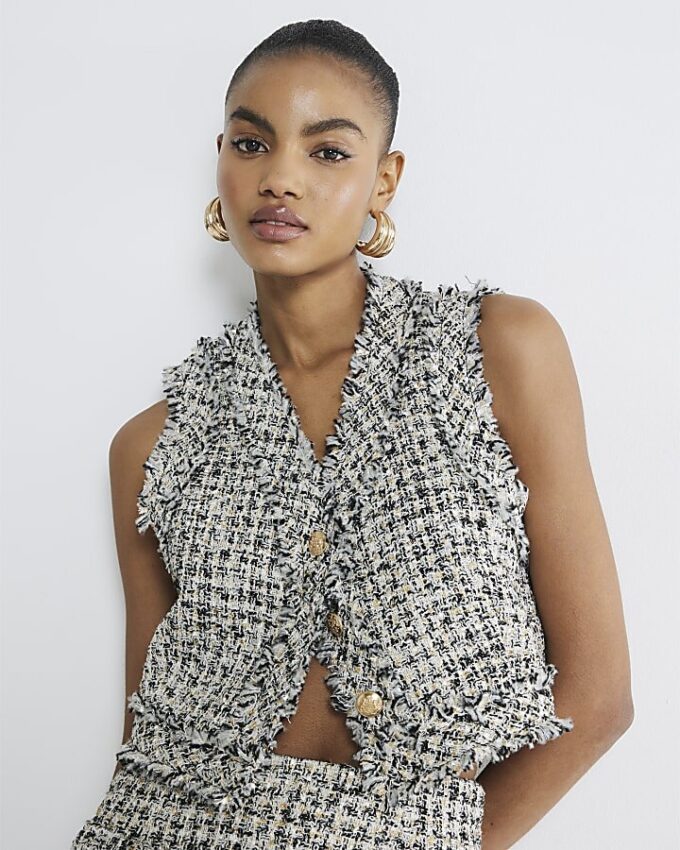 Black Boucle Cropped Waistcoat