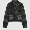 Black Boucle Faux Leather Trim Cardigan