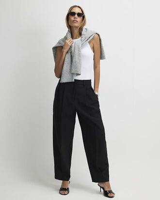 Black Button Front Tapered Trousers