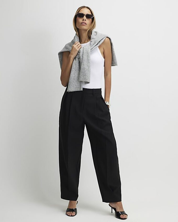 Black Button Front Tapered Trousers