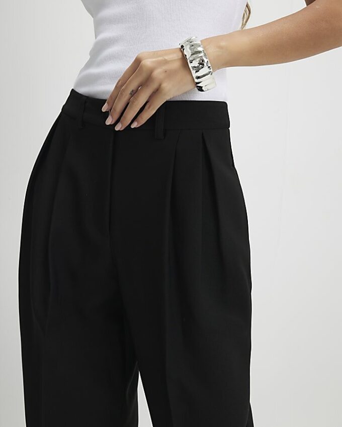 Black Button Front Tapered Trousers