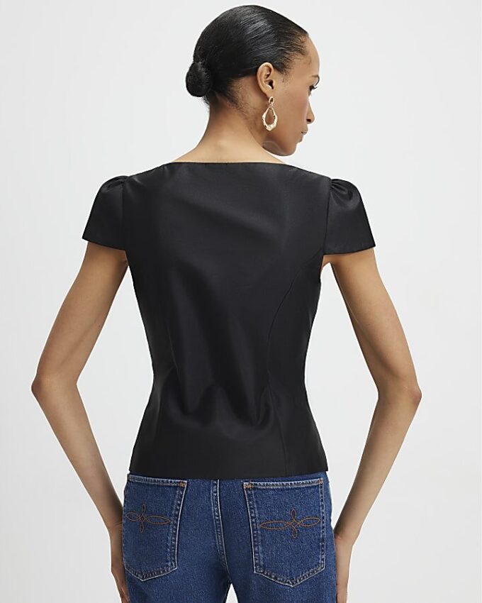 Black Button Puff Sleeve Top