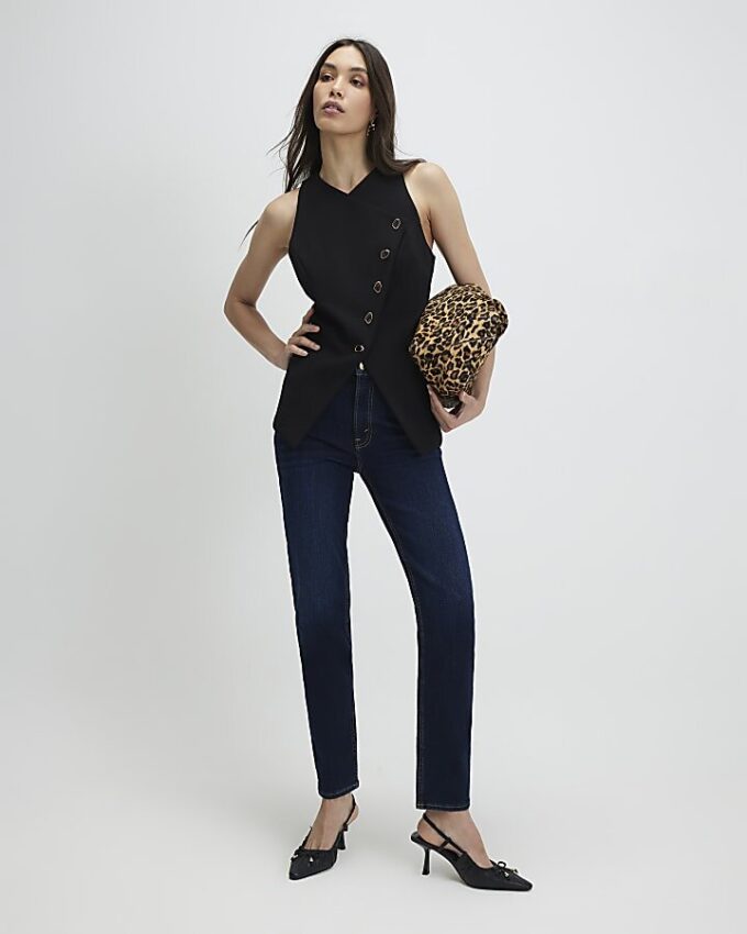 Black Collarless Asymmetric Waistcoat
