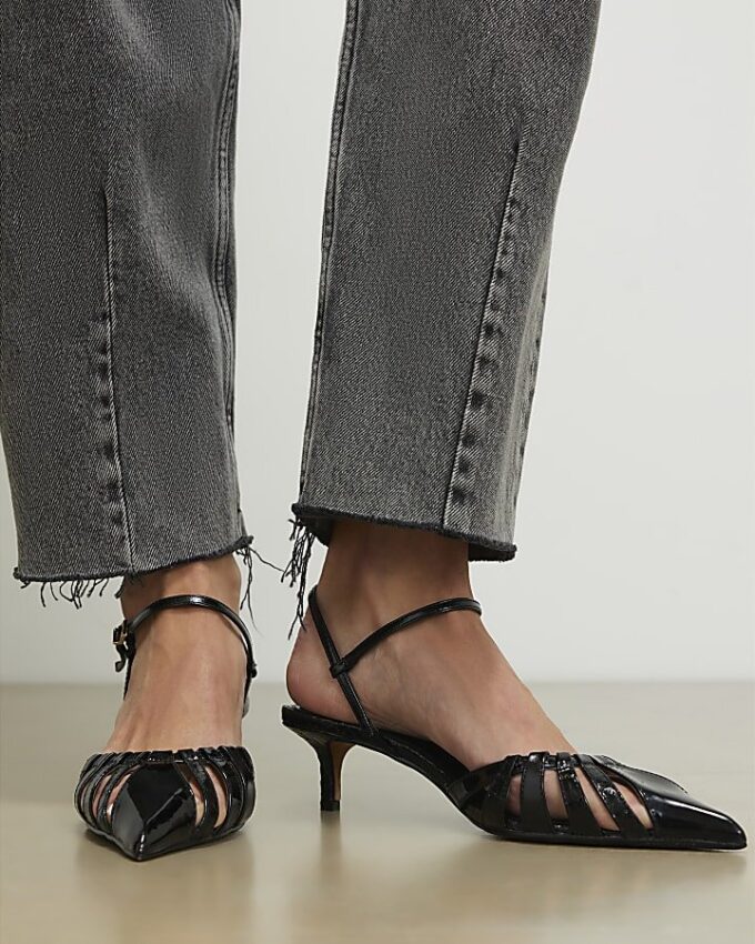 Black Croc Print Caged Detail Court Heels