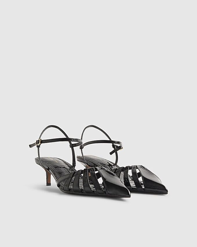 Black Croc Print Caged Detail Court Heels
