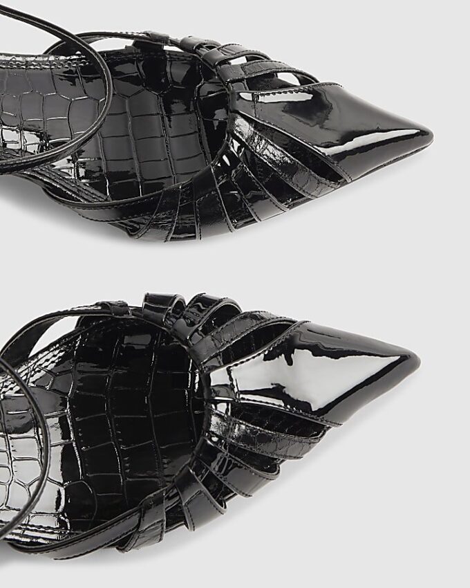 Black Croc Print Caged Detail Court Heels