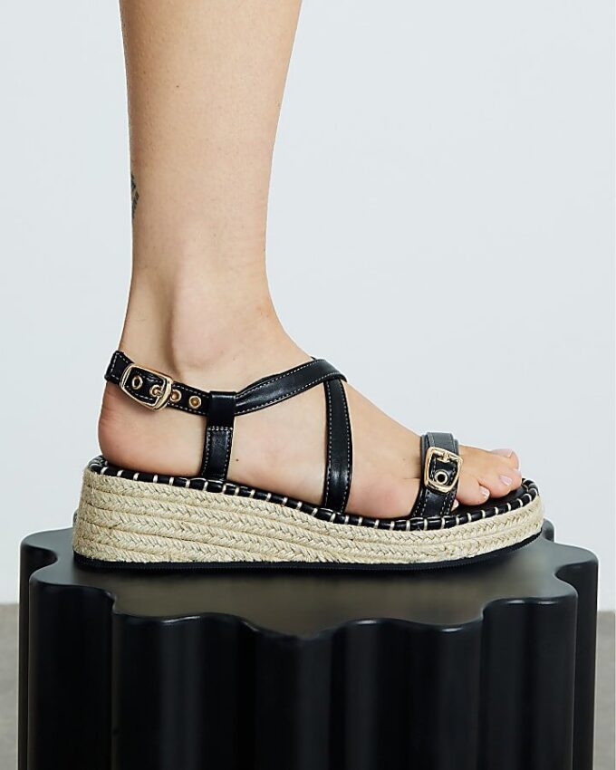 Black Cross Strap Sling Back Wedge Sandals