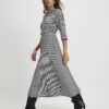 Black Dogtooth Print Belted Midi Dress
